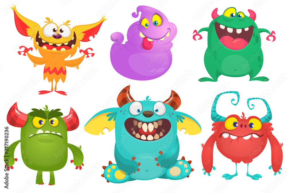 Cartoon Monsters collection. Vector set of cartoon monsters isolated. Design for print, party decoration, t-shirt, illustration,  emblem or sticker
