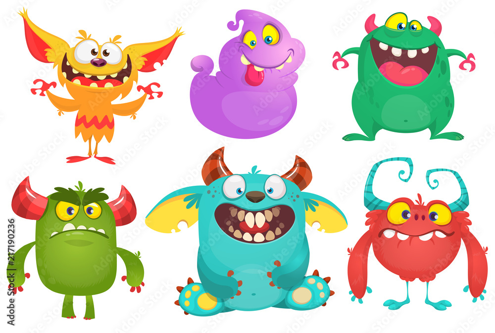 Cartoon Monsters collection. Vector set of cartoon monsters isolated. Design for print, party decoration, t-shirt, illustration, emblem or sticker Cartoon Monsters collection. Vector set of cartoon monsters isolated. Design for print, party decoration, t-shirt, illustration, emblem or sticker