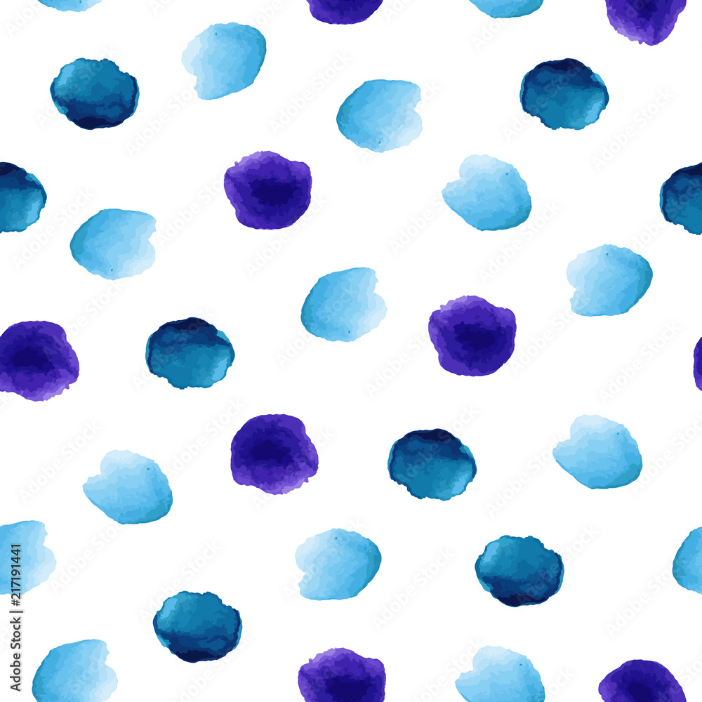 Fototapeta premium Navy blue, violet watercolor hand painted polka dot seamless pattern on white background. Acrylic ink circles, confetti round texture. Abstract vector illustration for fabric textile, greeting cards.