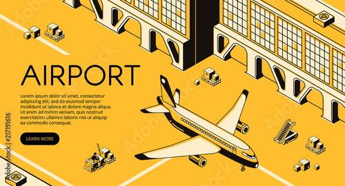 Airport freight logistics vector illustration of airplane, parcels on forklift loader pallet and passenger ladder. Delivery shipping and transit air transport isometric line and yellow halftone design