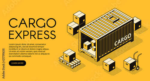 Cargo container logistics vector illustration of warehouse with parcel boxes unload on pallet for express delivery or freight shipping. Isometric black thin line art on yellow halftone background