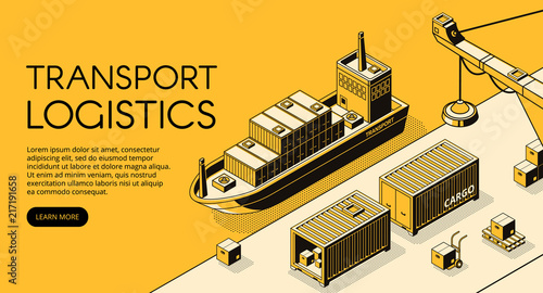 Maritime transport logistics vector illustration of thin line art in black isometric halftone. Ship cargo delivery or boat shipping containers and parcel boxes with loader crane on yellow background
