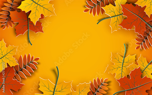 Autumn background, tree paper leaves, yellow backdrop, design for fall season sale banner, poster or thanksgiving day greeting card, festival invitation, paper cut out art style, vector illustration