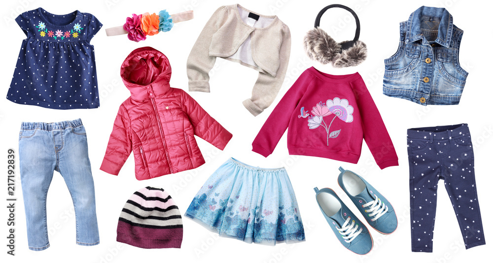 Fashion child's clothes set isolated.Girl's clothing collage. - obrazy, fototapety, plakaty 