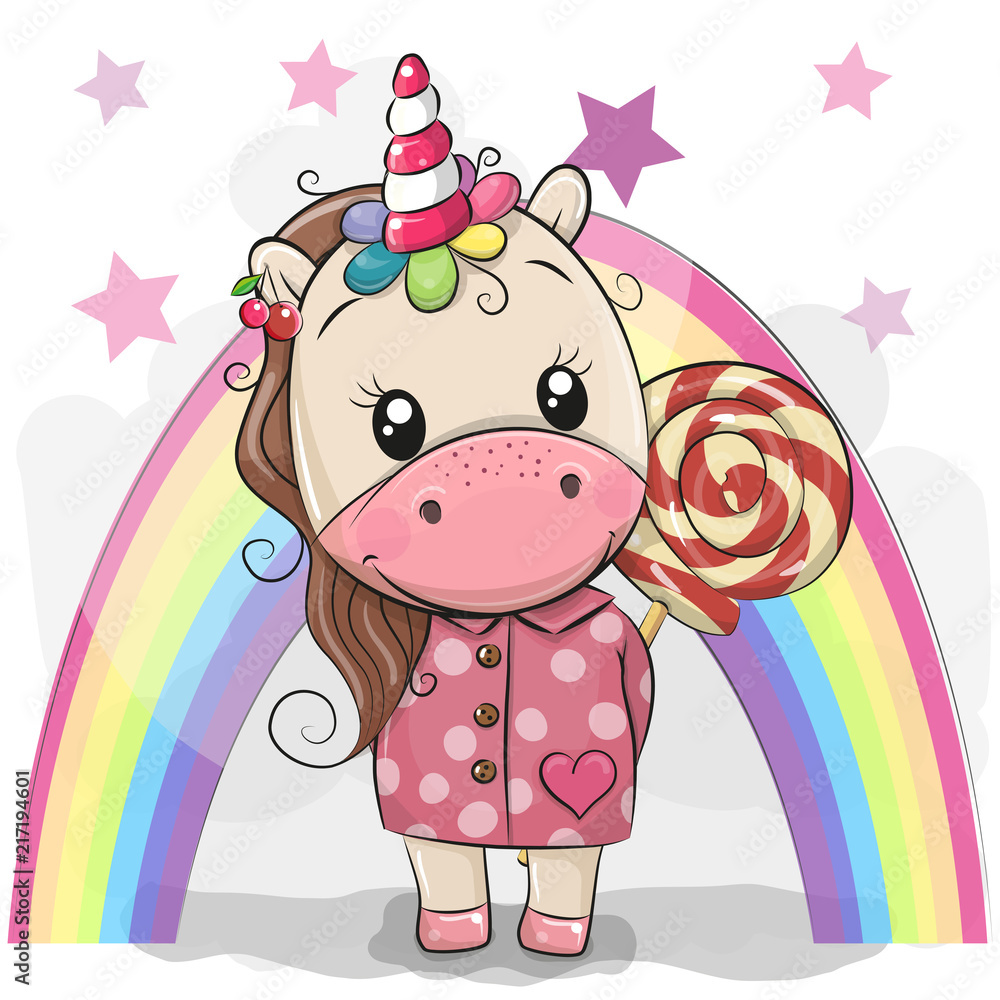 Naklejka premium Cute Unicorn in coat and with Lollipop