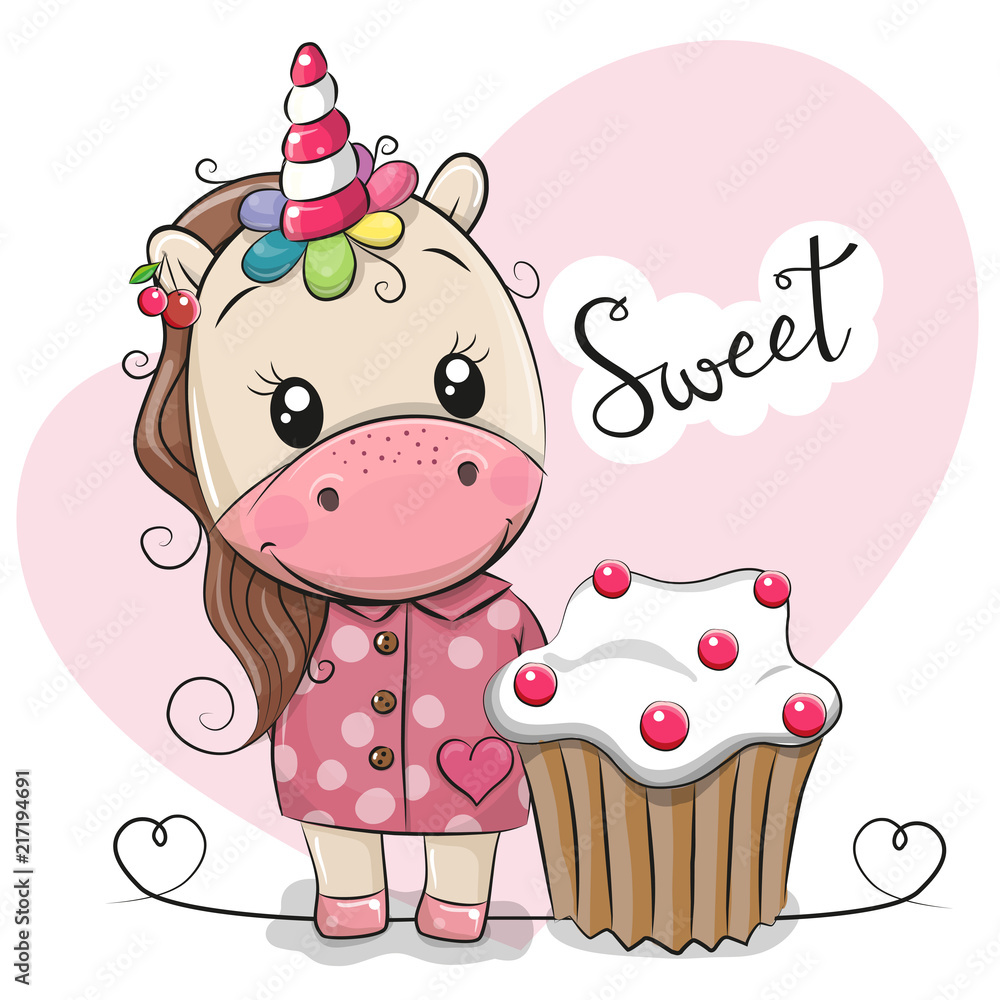 Naklejka premium Greeting card Cute Unicorn with cake