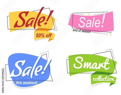 Set Flat linear Colored promotion banners. flat bubble shaped sticker, label, ribbon. Vector illustration linear style. Text - Sale end of season, 50 off, Smart collection, sale this weekend.