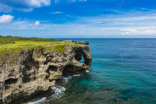 Famous Place in Japan, Manzamo Cape with blue sky and beautiful sea in Okinawa, Japan, copy space