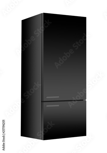 Black refrigerator with freezer on white background. Modern 3d fridge with door. Home kitchen electrical appliance. 