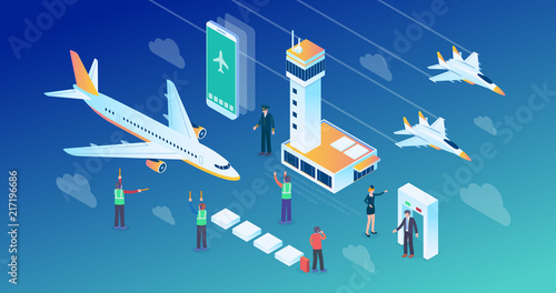 Wide Ultra HD Screen Resolution Aviation Technology Isometric Concept Illustration