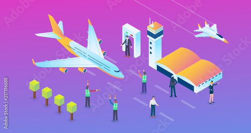 Wide Ultra HD Screen Resolution Aviation Technology Isometric Concept Illustration