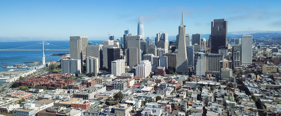 Panorama aerial view Jackson Square neighborhood with downtown skylines and Bay Bridge in background