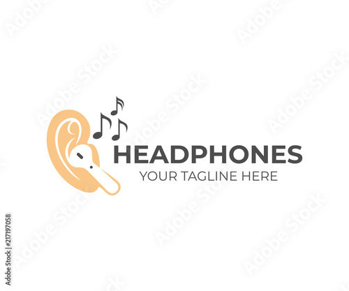 Wireless headphones in ears with musical notes around, logo design. Music, sound and device, vector design and illustration