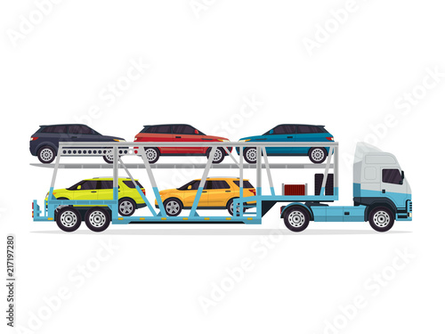 Canvas Print Modern Commercial Car Carrier Trailer Truck Expedition Illustration In Isolated