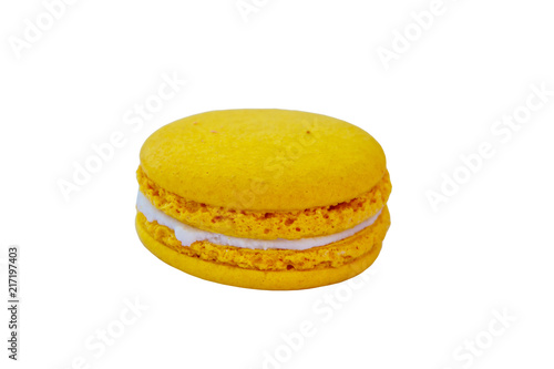 Tasty yellow macaroon isolated on white background