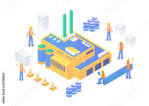 Modern Isometric Under Construction Industrial Site Concept Illustration In Isolated White Background