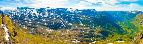 Panoramic view from Dalsnibba on Nibbevegen road leading down to Geiranger Fjord in Norway