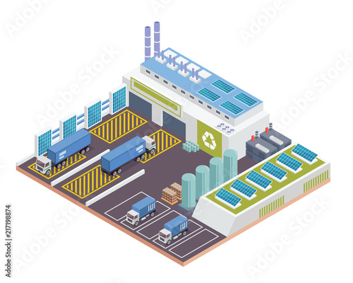 Modern Isometric Green Recycle Factory Building With Solar Panel Energy Illustration