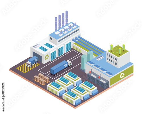Modern Isometric Green Recycle Factory Building With Solar Panel Energy Illustration
