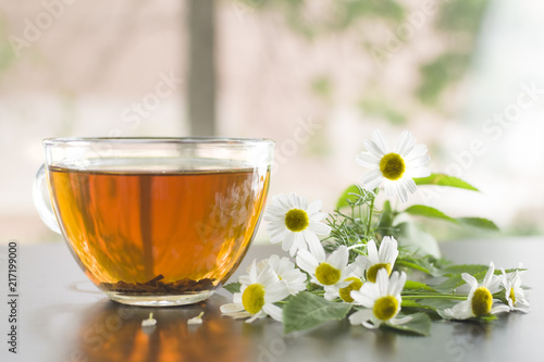 A transparent mug with tea on the table. Flowers of white daisy. Light background