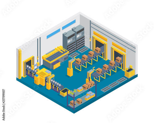 Modern Isometric Factory Manufacture Interior With Conveyor Belt Machine Illustration 