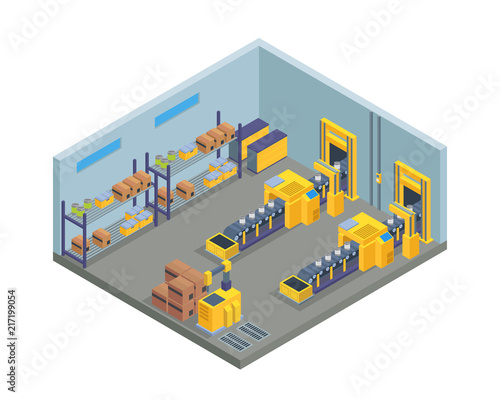 Modern Isometric Factory Manufacture Interior With Conveyor Belt Machine Illustration 