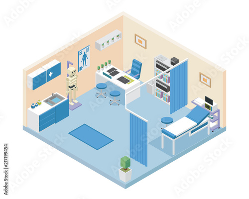 Modern Hospital Doctor Room Area Interior in Isometric View Illustration In Isolated White Background