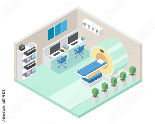 Modern Hospital MRI Diagnostic Room Area Interior in Isometric View Illustration In Isolated White Background