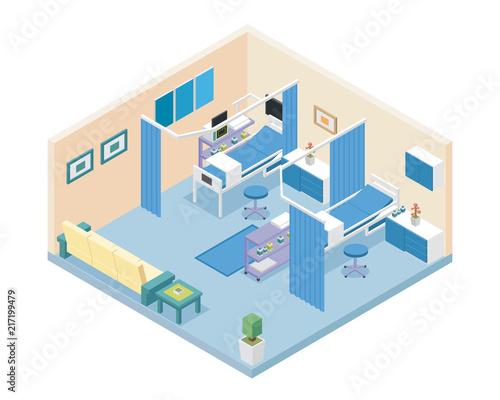 Modern Hospital Ward Room Area Interior in Isometric View Illustration In Isolated White Background