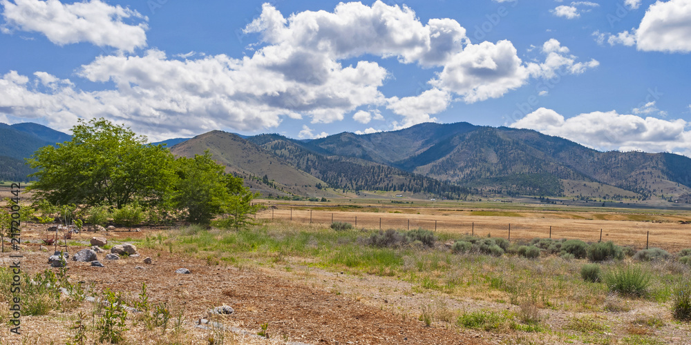 panorama of ranchland and the mountains northwest of Weed and Edgewood including Klamath National Forest and Marble Mountain Wilderness near Mt Shasta in California