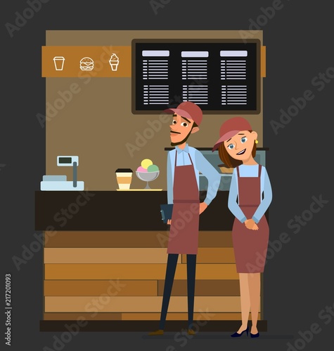 Coffee and confectionery business. Man and woman standing in front of the counter. Takeaway cafe business interior.Vector illustration in cartoon style.