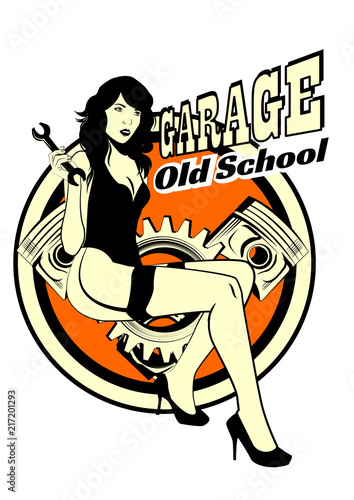 Pin Up Girl illustration with piston and wrench. Vintage style. Garage sign. Vector illustration
