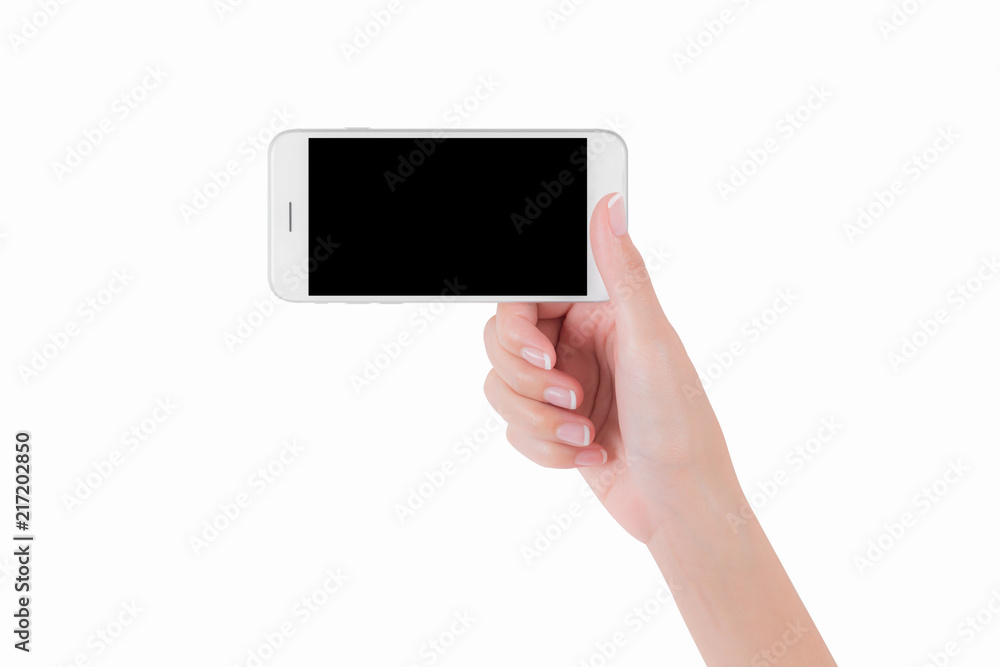 woman hand holding white smart phone with blank space of screen display, smart phone and mockup concept, Isolated on white background, woman hand holding white smart phone with blank space of screen display, smart phone and mockup concept, Isolated on white background,