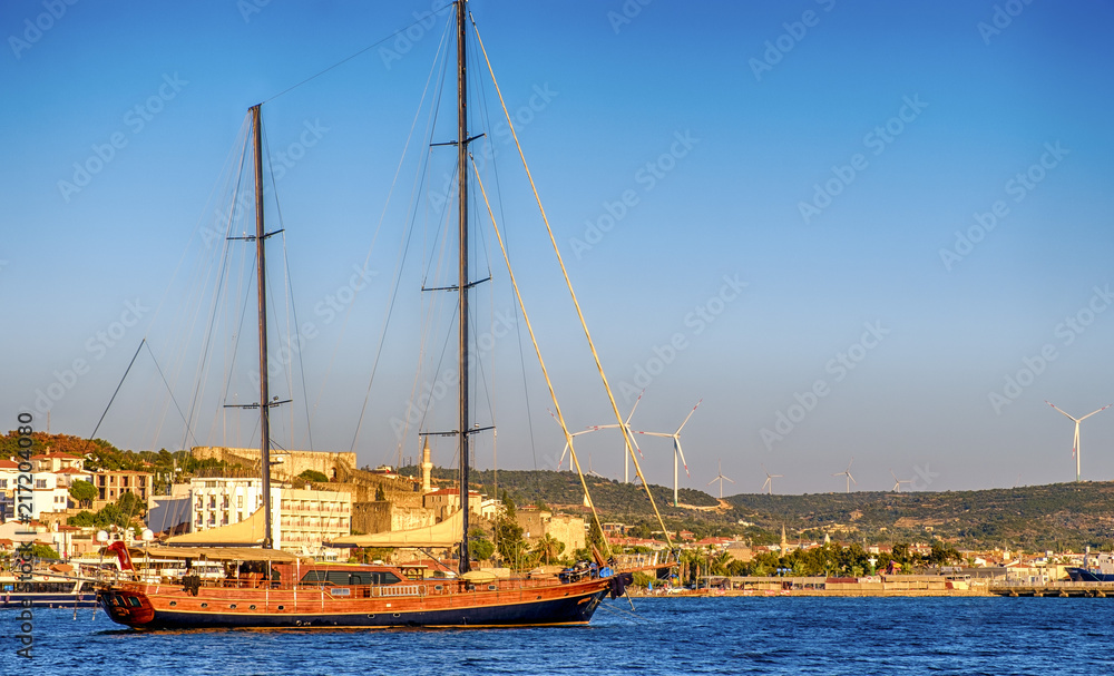 Sailing ship on the pier in Cesme, Turkey.