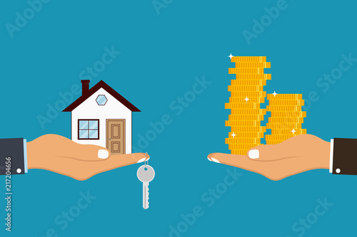 Hand holds house and key on finger and giving, receiving golden coins from other hand. Concept for home agent, sale and rent of a house and buyer or customer. Vector illustration. photo
