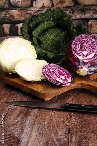 Three fresh organic cabbage heads. Antioxidant balanced diet eat