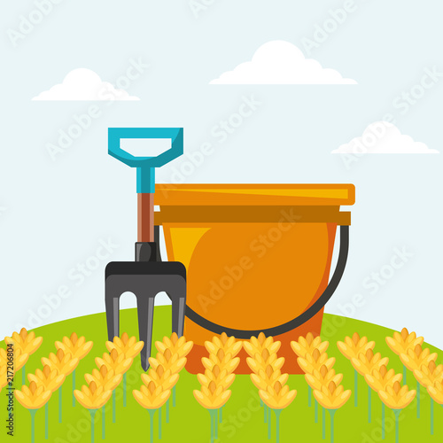 bucket fork and flowers garden vector illustration