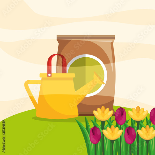 watering can with bucket and flower garden vector illustration