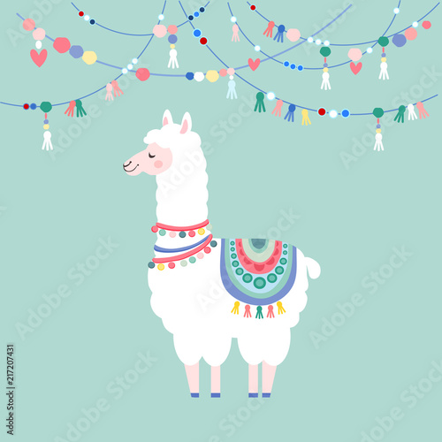 Lama with gerlands, greeting card, vector illustration