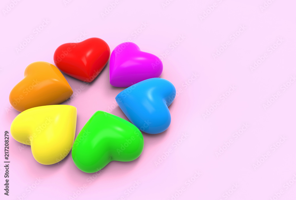 Fototapeta premium 3d rendering. lgbt rainbow colorful heart shape objects on copy space pink background.