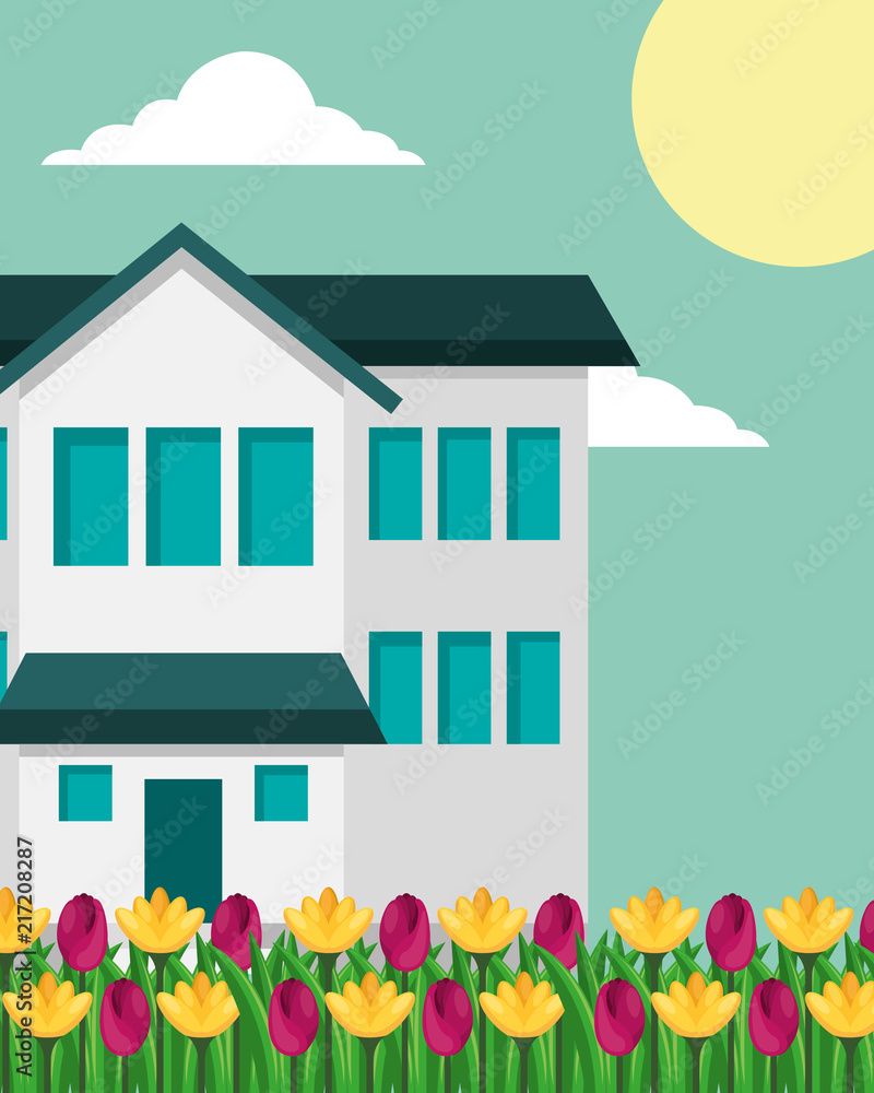 house with two story and tulips flowers garden vector illustration