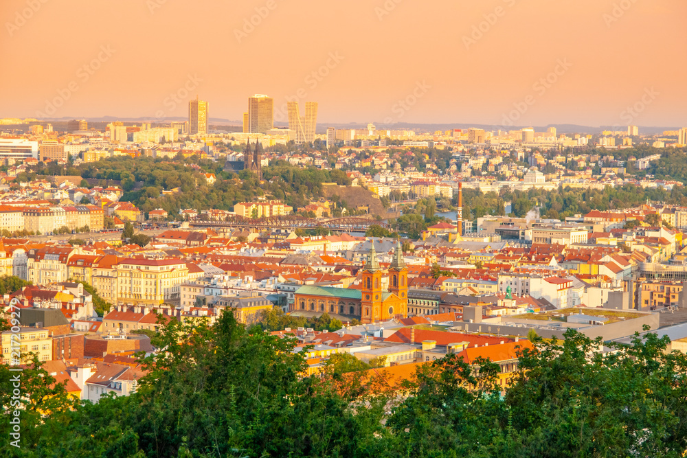 Naklejka premium Prague cityscape. Skyline with modern building of Pankrac. Sunny summer day, Praha, Czech Republic.