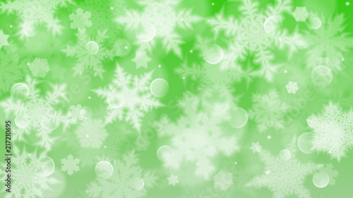 Christmas illustration with white blurred snowflakes, glare and sparkles on green background