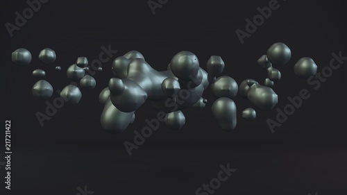 Beautiful 3D illustration of molten precious metal. Drops floating in weightlessness and flying to the sides. An abstract image in a dark space. The idea of wealth and success. 3D rendering