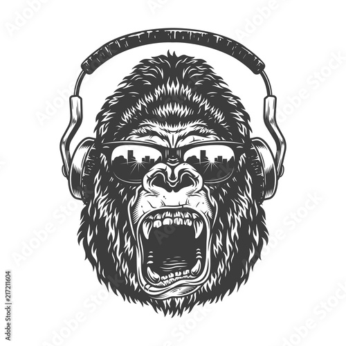Gorilla with headphones