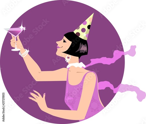 Young woman dressed in 1920s style fashion and a party hat having a toast with a cocktail or campaign, EPS 8 vector illustration 