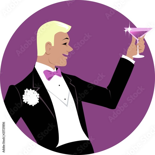Young man dressed in formal 1920s style fashion having a toast with a cocktail or campaign, EPS 8 vector illustration 