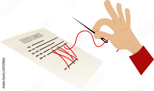 Human hand with a sewing needle attempting to sew shut a gap in a resume, EPS 8 vector illustration