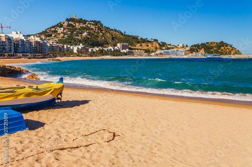 Sea landscape in Blanes  Catalonia  Spain near of Barcelona. Scenic town with nice sand beach and clear blue water in beautiful bay. Famous tourist resort destination in Costa Brava
