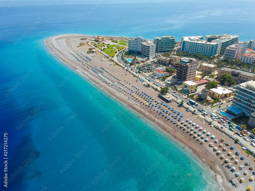 Aerial birds eye view drone photo of Elli beach on Rhodes city island, Dodecanese, Greece. Panorama with nice sand, lagoon and clear blue water. Famous tourist destination in South Europe Aerial birds eye view drone photo of Elli beach on Rhodes city island, Dodecanese, Greece. Panorama with nice sand, lagoon and clear blue water. Famous tourist destination in South Europe